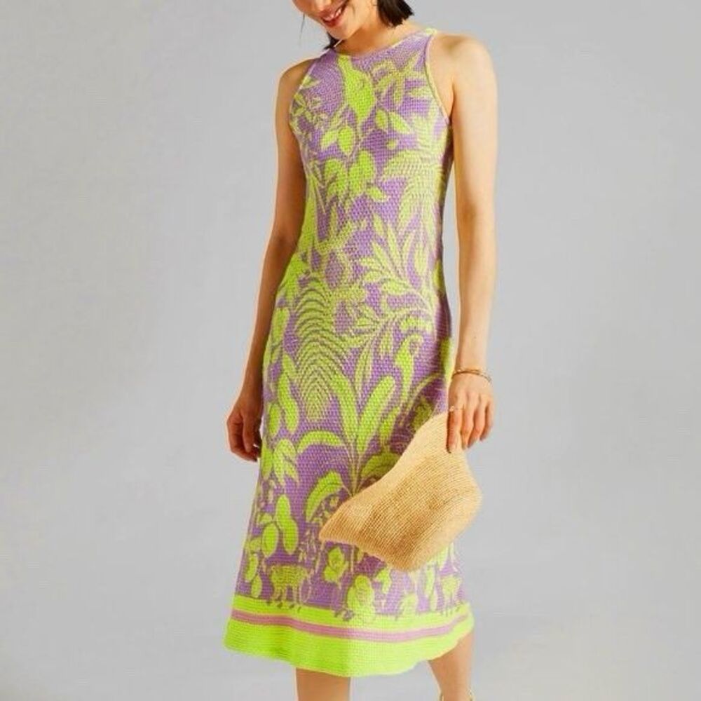 HTF Anthropologie x FARM Rio Knit Midi Dress Size Small Purple Motif